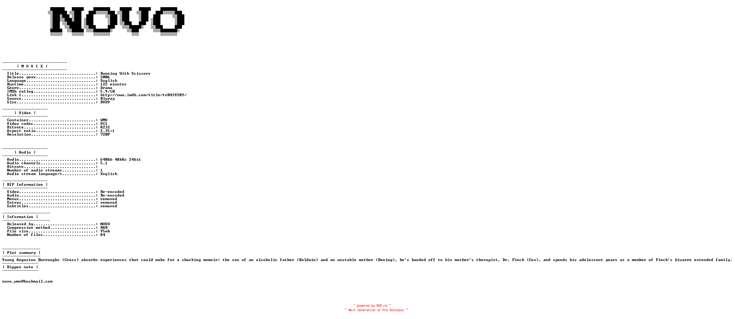 NFO for the release Running.With.Scissors.2006.Bluray.VC1.720p.5.1.WMV-NOVO by NOVO