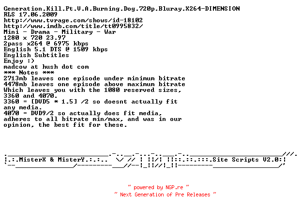 NFO for the release Generation.Kill.Pt.V.A.Burning.Dog.720p.Bluray.X264-DIMENSION by DIMENSION