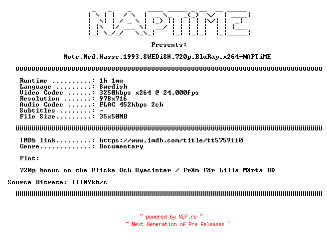 NFO for the release Mote.Med.Hasse.1993.SWEDiSH.720p.BluRay.x264-NAPTiME by NAPTiME