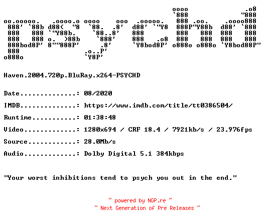 NFO for the release Haven.2004.720p.BluRay.x264-PSYCHD by PSYCHD