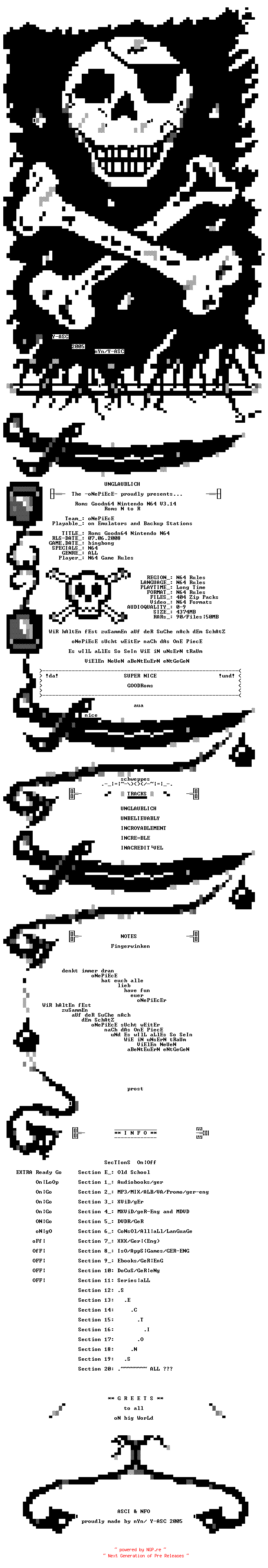 NFO for the release Roms.Goodn64.Nintendo.N64.V3.14.Roms.N.to.R-oNePiEcE by oNePiEcE