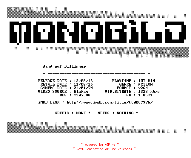NFO for the release Jagd.auf.Dillinger.1973.German.BDRip.x264-MONOBiLD by MONOBiLD