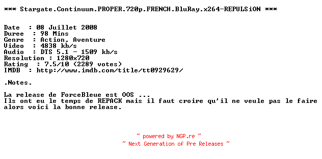 NFO for the release Stargate.Continuum.PROPER.720p.FRENCH.BluRay.x264-REPULSiON by REPULSiON