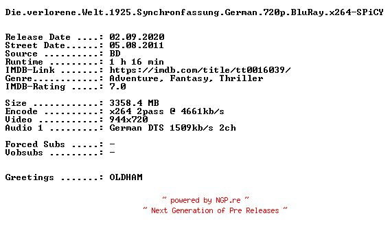 NFO for the release Die.verlorene.Welt.1925.Synchronfassung.German.720p.BluRay.x264-SPiCY by SPiCY