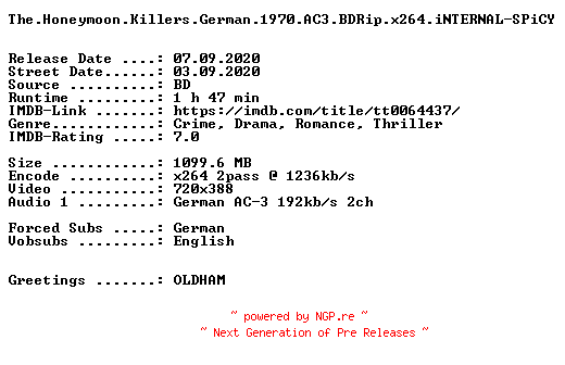 NFO for the release The.Honeymoon.Killers.German.1970.AC3.BDRip.x264.iNTERNAL-SPiCY by SPiCY