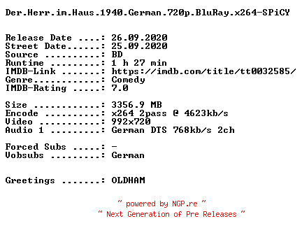 NFO for the release Der.Herr.im.Haus.1940.German.720p.BluRay.x264-SPiCY by SPiCY