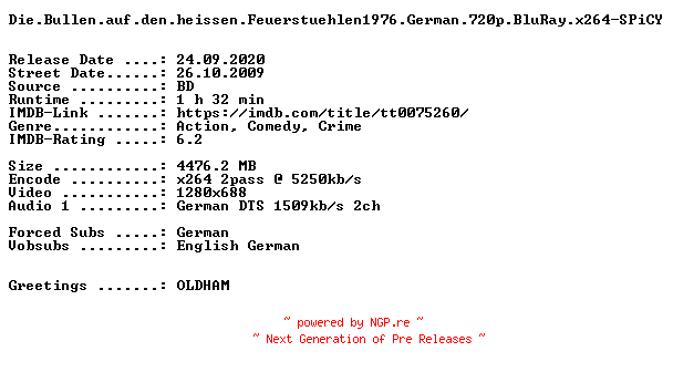 NFO for the release Die.Bullen.auf.den.heissen.Feuerstuehlen.1976.German.720p.BluRay.x264-SPiCY by SPiCY