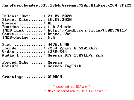 NFO for the release Kampfgeschwader.633.1964.German.720p.BluRay.x264-SPiCY by SPiCY