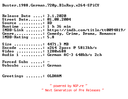 NFO for the release Buster.1988.German.720p.BluRay.x264-SPiCY by SPiCY