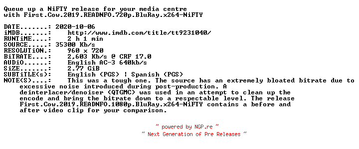 NFO for the release First.Cow.2019.READNFO.720p.BluRay.x264-NiFTY by NiFTY
