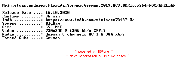 NFO for the release Mein.etwas.anderer.Florida.Sommer.German.2019.AC3.BDRip.x264-ROCKEFELLER by ROCKEFELLER