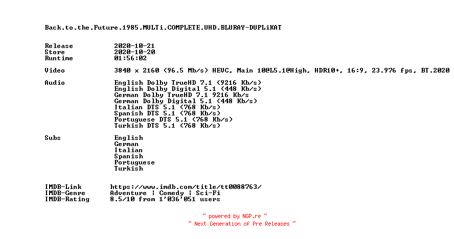 NFO for the release Back.to.the.Future.1985.MULTi.COMPLETE.UHD.BLURAY-DUPLiKAT by DUPLiKAT