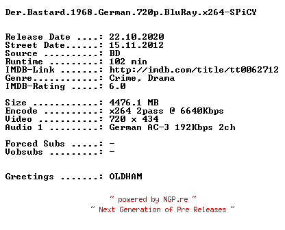 NFO for the release Der.Bastard.1968.German.720p.BluRay.x264-SPiCY by SPiCY