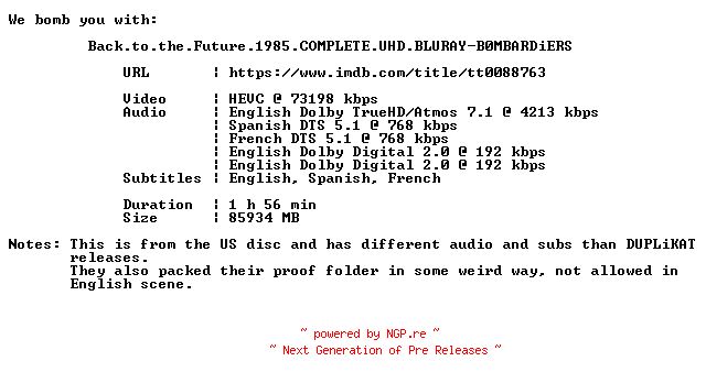 NFO for the release Back.to.the.Future.1985.COMPLETE.UHD.BLURAY-B0MBARDiERS by B0MBARDiERS