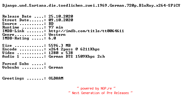 NFO for the release Django.und.Sartana.die.toedlichen.zwei.1969.German.720p.BluRay.x264-SPiCY by SPiCY