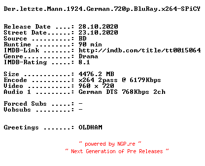 NFO for the release Der.letzte.Mann.1924.German.720p.BluRay.x264-SPiCY by SPiCY