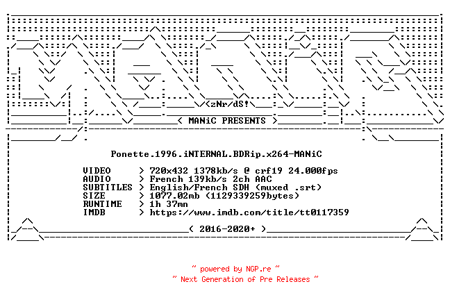 NFO for the release Ponette.1996.iNTERNAL.BDRip.x264-MANiC by MANiC