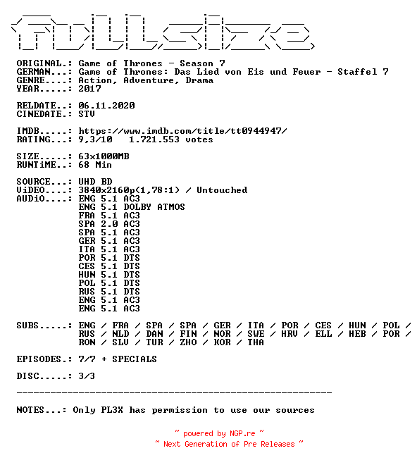 NFO for the release Game.of.Thrones.S07D03.MULTI.COMPLETE.UHD.BLURAY-FULLSiZE by FULLSiZE