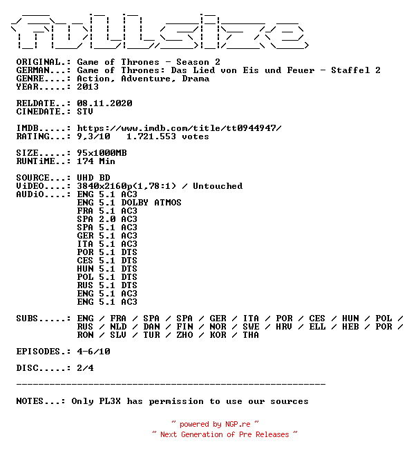 NFO for the release Game.of.Thrones.S02D02.MULTI.COMPLETE.UHD.BLURAY-FULLSiZE by FULLSiZE