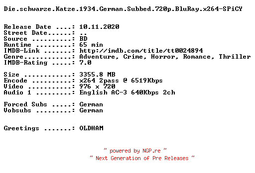 NFO for the release Die.schwarze.Katze.1934.German.Subbed.720p.BluRay.x264-SPiCY by SPiCY