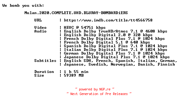 NFO for the release Mulan.2020.COMPLETE.UHD.BLURAY-B0MBARDiERS by B0MBARDiERS