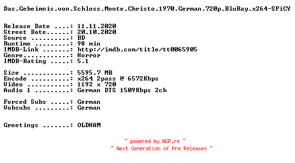 NFO for the release Das.Geheimnis.von.Schloss.Monte.Christo.1970.German.720p.BluRay.x264-SPiCY by SPiCY