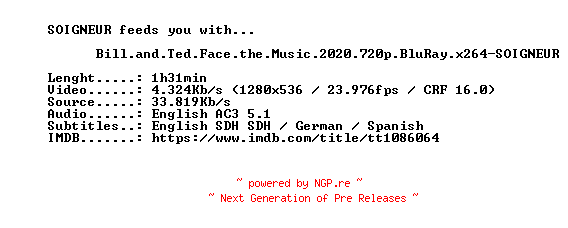 NFO for the release Bill.and.Ted.Face.the.Music.2020.720p.BluRay.x264-SOIGNEUR by SOIGNEUR