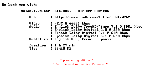 NFO for the release Mulan.1998.COMPLETE.UHD.BLURAY-B0MBARDiERS by B0MBARDiERS