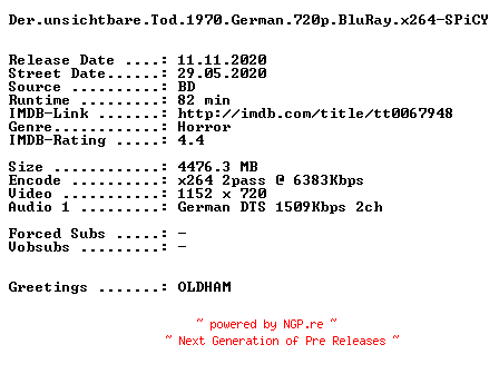 NFO for the release Der.unsichtbare.Tod.1970.German.720p.BluRay.x264-SPiCY by SPiCY