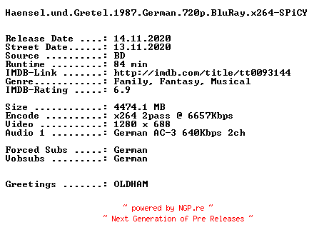 NFO for the release Haensel.und.Gretel.1987.German.720p.BluRay.x264-SPiCY by SPiCY