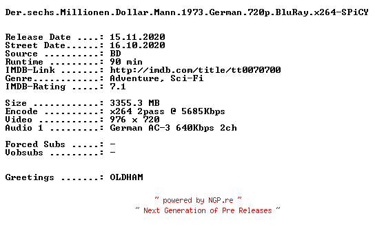 NFO for the release Der.sechs.Millionen.Dollar.Mann.1973.German.720p.BluRay.x264-SPiCY by SPiCY