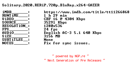 NFO for the release Solitary.2020.RERiP.720p.BluRay.x264-GAZER by GAZER