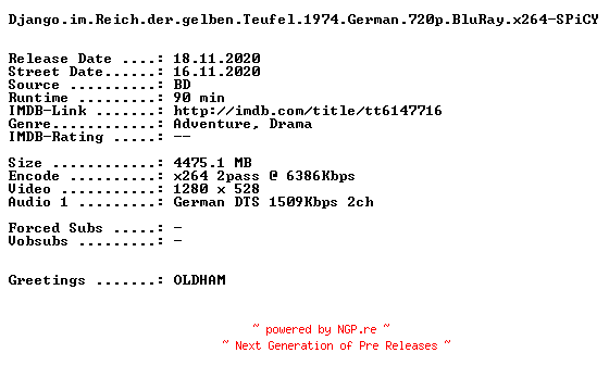 NFO for the release Django.im.Reich.der.gelben.Teufel.1974.German.720p.BluRay.x264-SPiCY by SPiCY
