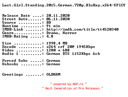 NFO for the release Last.Girl.Standing.2015.German.720p.BluRay.x264-SPiCY by SPiCY
