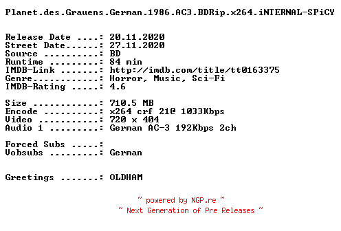 NFO for the release Planet.des.Grauens.German.1986.AC3.BDRip.x264.iNTERNAL-SPiCY by SPiCY