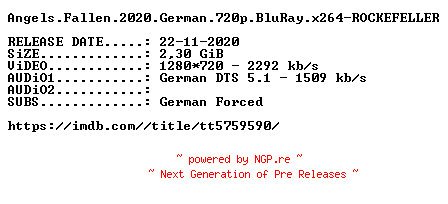 NFO for the release Angels.Fallen.2020.German.720p.BluRay.x264-ROCKEFELLER by ROCKEFELLER