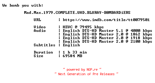 NFO for the release Mad.Max.1979.COMPLETE.UHD.BLURAY-B0MBARDiERS by B0MBARDiERS