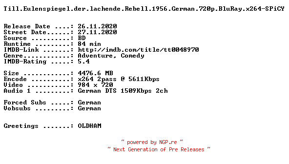 NFO for the release Till.Eulenspiegel.der.lachende.Rebell.1956.German.720p.BluRay.x264-SPiCY by SPiCY