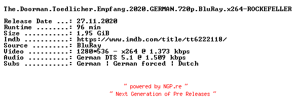 NFO for the release The.Doorman.Toedlicher.Empfang.2020.GERMAN.720p.BluRay.x264-ROCKEFELLER by ROCKEFELLER