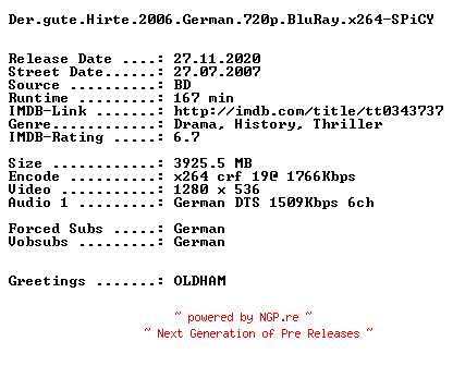 NFO for the release Der.gute.Hirte.2006.German.720p.BluRay.x264-SPiCY by SPiCY