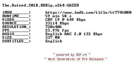 NFO for the release The.Hatred.2018.BDRip.x264-GAZER by GAZER