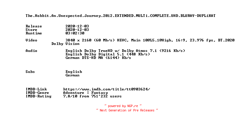 NFO for the release The.Hobbit.An.Unexpected.Journey.2012.EXTENDED.MULTi.COMPLETE.UHD.BLURAY-DUPLiKAT by DUPLiKAT