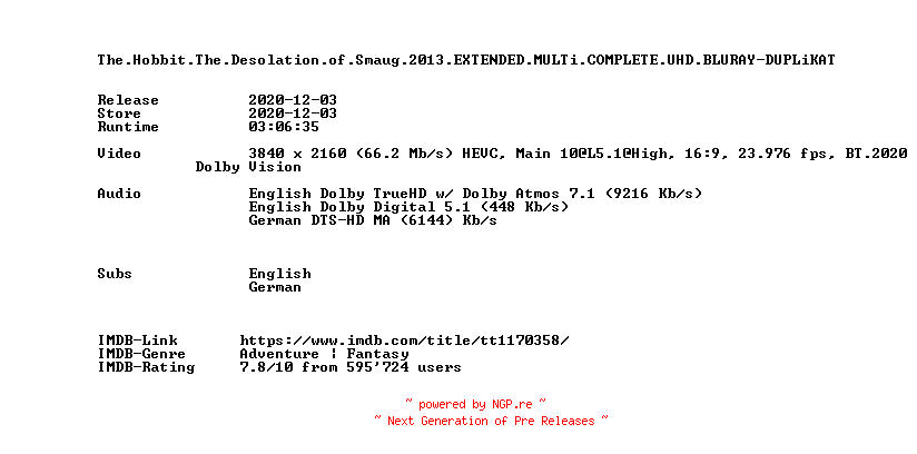 NFO for the release The.Hobbit.The.Desolation.of.Smaug.2013.EXTENDED.MULTi.COMPLETE.UHD.BLURAY-DUPLiKAT by DUPLiKAT