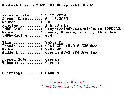 NFO for the release Sputnik.German.2020.AC3.BDRip.x264-SPiCY by SPiCY