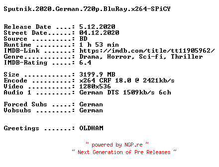 NFO for the release Sputnik.2020.German.720p.BluRay.x264-SPiCY by SPiCY