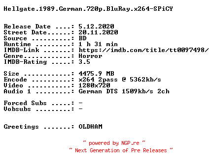 NFO for the release Hellgate.1989.German.720p.BluRay.x264-SPiCY by SPiCY