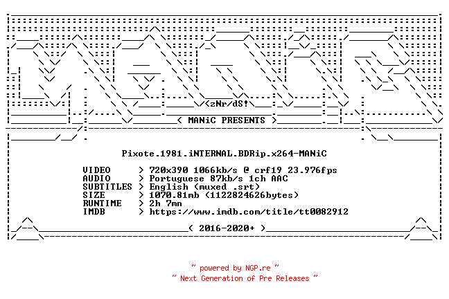 NFO for the release Pixote.1981.iNTERNAL.BDRip.x264-MANiC by MANiC