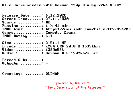 NFO for the release Alle.Jahre.wieder.2018.German.720p.BluRay.x264-SPiCY by SPiCY