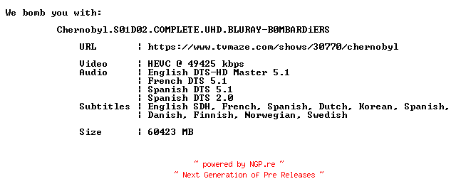 NFO for the release Chernobyl.S01D02.COMPLETE.UHD.BLURAY-B0MBARDiERS by B0MBARDiERS