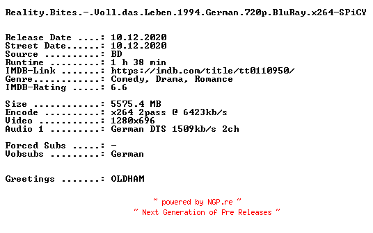 NFO for the release Reality.Bites.-.Voll.das.Leben.1994.German.720p.BluRay.x264-SPiCY by SPiCY